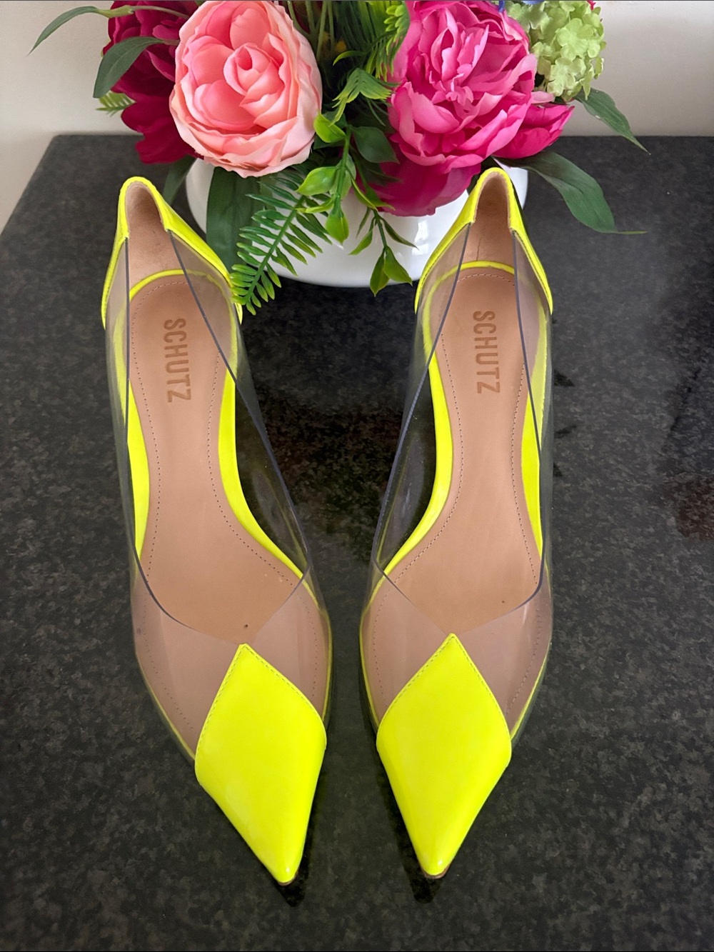SCHUTZ Neon Yellow Pointed-Toe Clear-Panel Flats